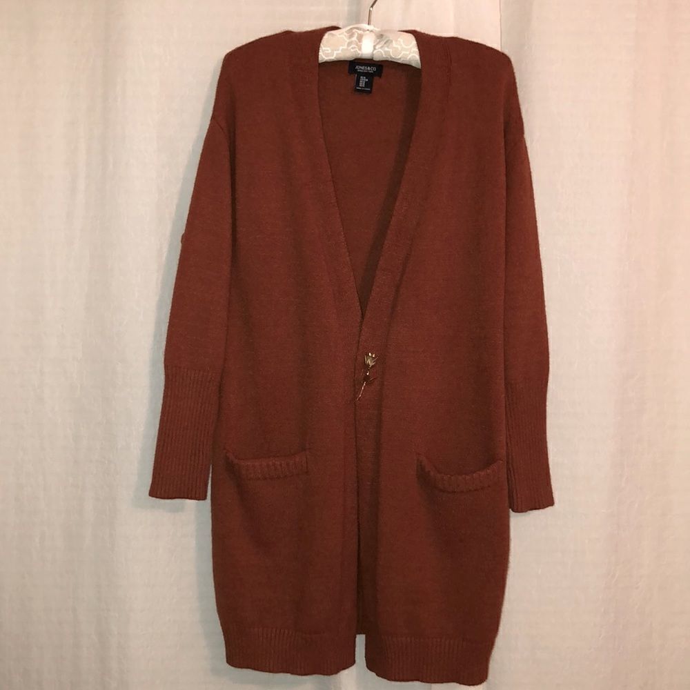 Jones NY M Rust Brown Long Sleeve Open Front Knit Long Cardigan Sweater